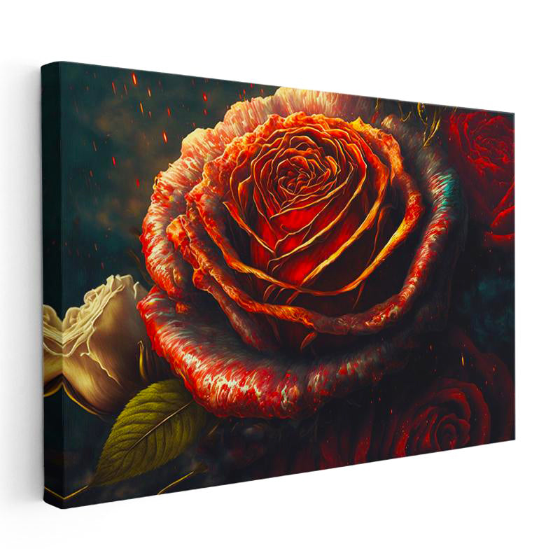 Yatay Kanvas Tablo Alev Görünümlü Kırmızı Gül Çiçek Tablosu Ev Ofis Duvar Dekoru