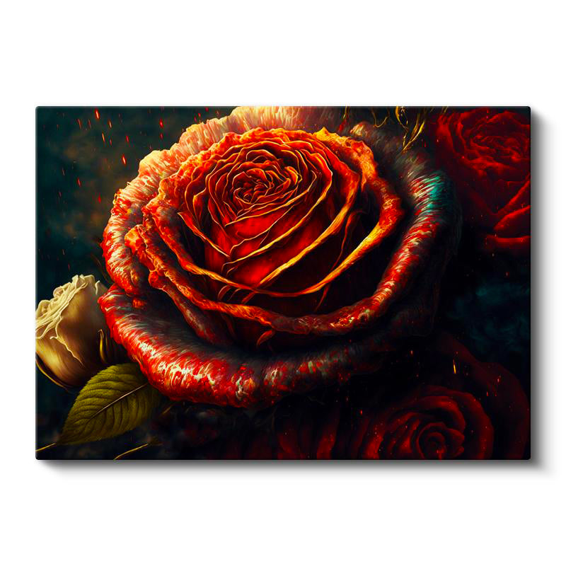 Yatay Kanvas Tablo Alev Görünümlü Kırmızı Gül Çiçek Tablosu Ev Ofis Duvar Dekoru