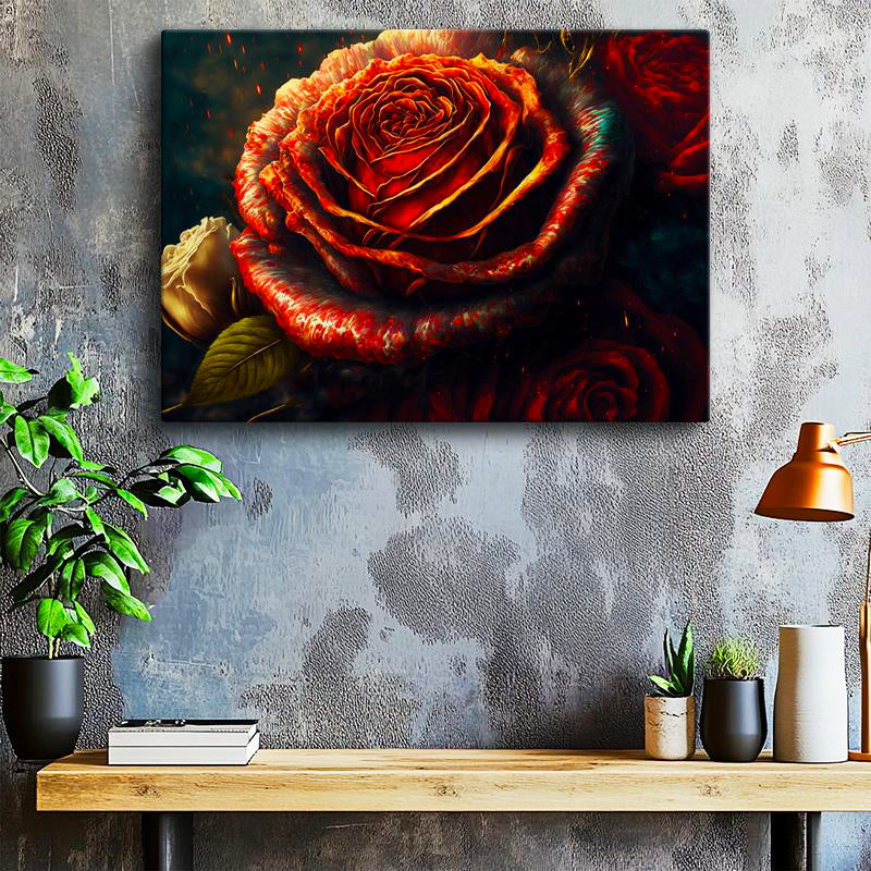 Yatay Kanvas Tablo Alev Görünümlü Kırmızı Gül Çiçek Tablosu Ev Ofis Duvar Dekoru