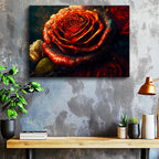 Yatay Kanvas Tablo Alev Görünümlü Kırmızı Gül Çiçek Tablosu Ev Ofis Duvar Dekoru