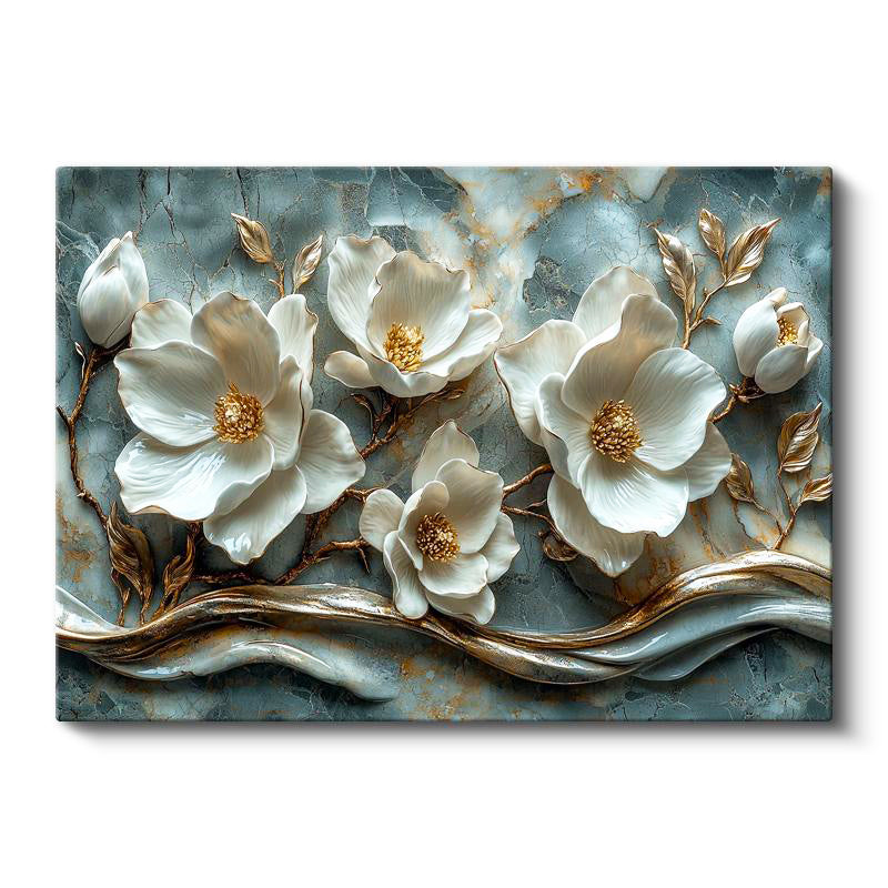 Yatay Kanvas Tablo Kabartma Görünümlü Yaldızlı Çiçek Tablosu Ev Ofis Duvar Dekoru