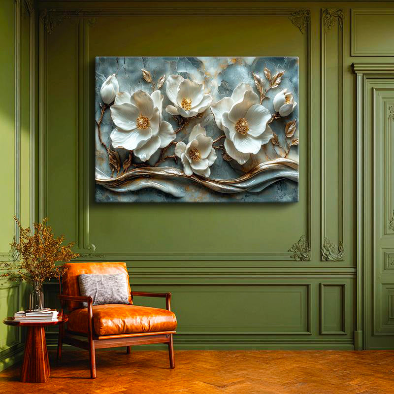 Yatay Kanvas Tablo Kabartma Görünümlü Yaldızlı Çiçek Tablosu Ev Ofis Duvar Dekoru