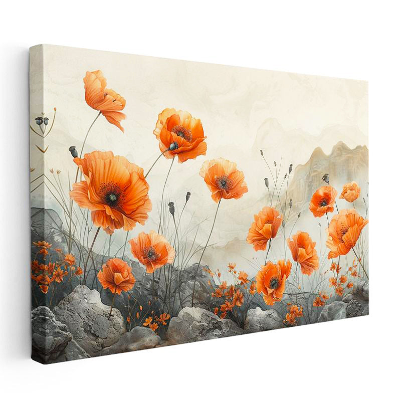 Yatay Kanvas Tablo Kayalık Zemin Gelincik Çiçek Tablosu Ev Ofis Duvar Dekoru