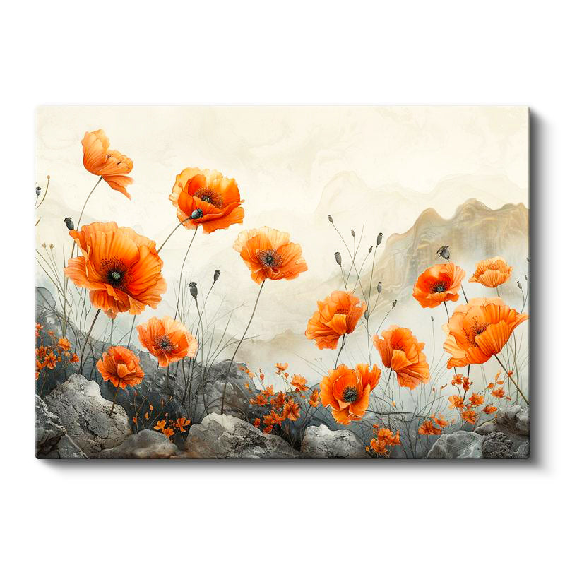 Yatay Kanvas Tablo Kayalık Zemin Gelincik Çiçek Tablosu Ev Ofis Duvar Dekoru