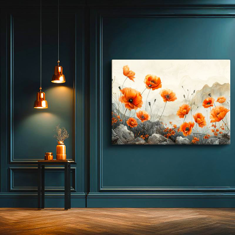 Yatay Kanvas Tablo Kayalık Zemin Gelincik Çiçek Tablosu Ev Ofis Duvar Dekoru