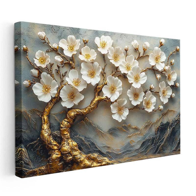 Yatay Kanvas Tablo Kabartma Görünümlü Dağ ve Ağaç Çiçek Tablosu Ev Ofis Duvar Dekoru
