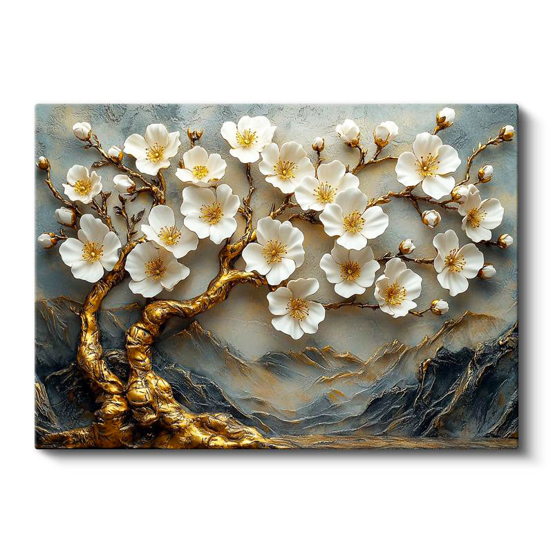 Yatay Kanvas Tablo Kabartma Görünümlü Dağ ve Ağaç Çiçek Tablosu Ev Ofis Duvar Dekoru