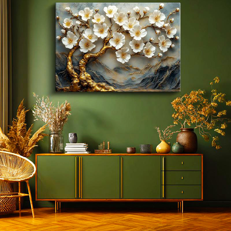 Yatay Kanvas Tablo Kabartma Görünümlü Dağ ve Ağaç Çiçek Tablosu Ev Ofis Duvar Dekoru
