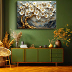 Yatay Kanvas Tablo Kabartma Görünümlü Dağ ve Ağaç Çiçek Tablosu Ev Ofis Duvar Dekoru