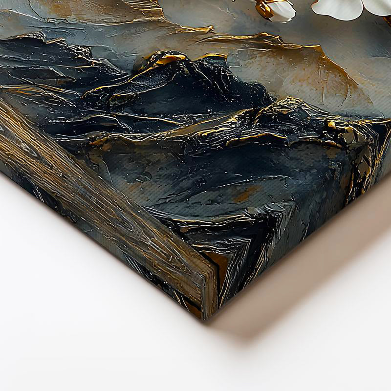 Yatay Kanvas Tablo Kabartma Görünümlü Dağ ve Ağaç Çiçek Tablosu Ev Ofis Duvar Dekoru