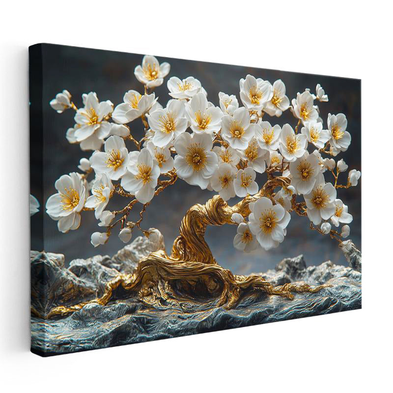 Yatay Kanvas Tablo Kayalar Üzerinde Altın Çiçekli Ağaç Çiçek Tablosu Ev Ofis Duvar Dekoru