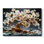 Yatay Kanvas Tablo Kayalar Üzerinde Altın Çiçekli Ağaç Çiçek Tablosu Ev Ofis Duvar Dekoru