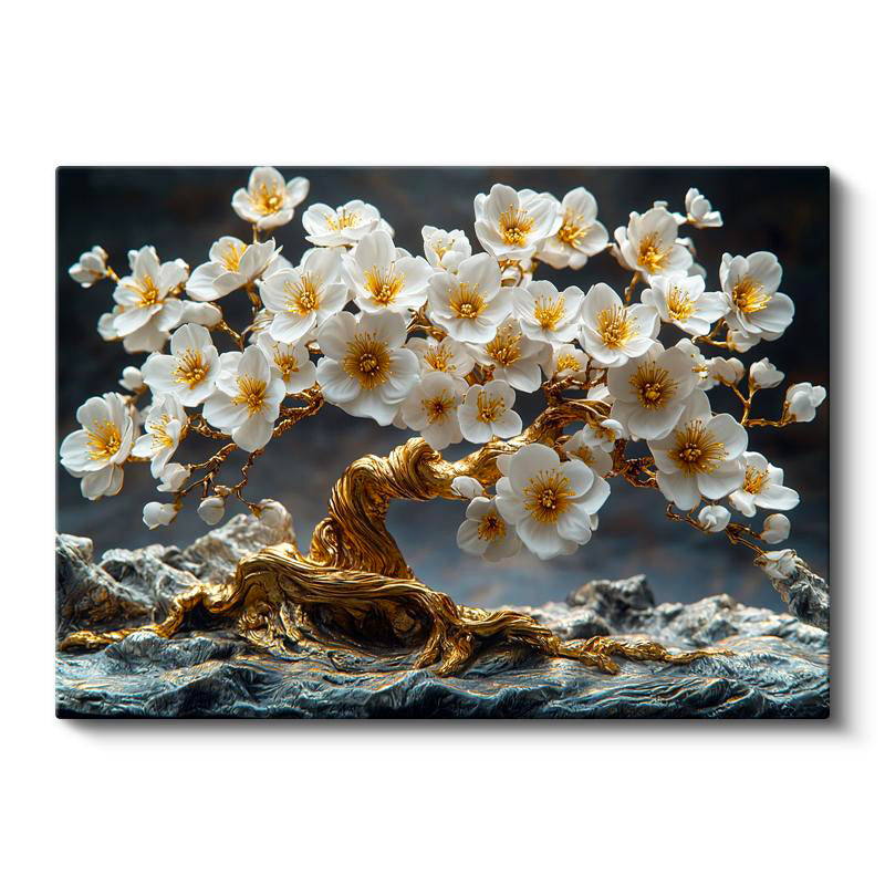 Yatay Kanvas Tablo Kayalar Üzerinde Altın Çiçekli Ağaç Çiçek Tablosu Ev Ofis Duvar Dekoru