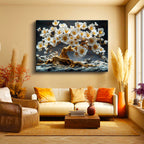 Yatay Kanvas Tablo Kayalar Üzerinde Altın Çiçekli Ağaç Çiçek Tablosu Ev Ofis Duvar Dekoru