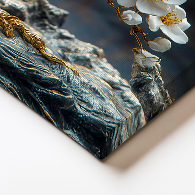 Yatay Kanvas Tablo Kayalar Üzerinde Altın Çiçekli Ağaç Çiçek Tablosu Ev Ofis Duvar Dekoru