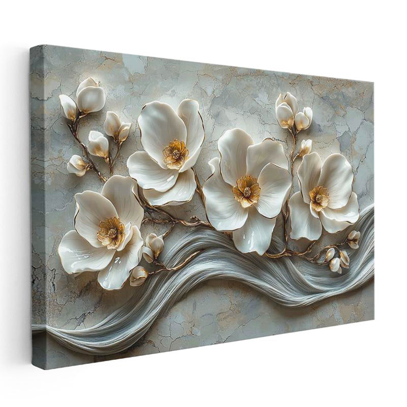 Yatay Kanvas Tablo Mermer Dokulu Beyaz Manolya Çiçek Tablosu Ev Ofis Duvar Dekoru