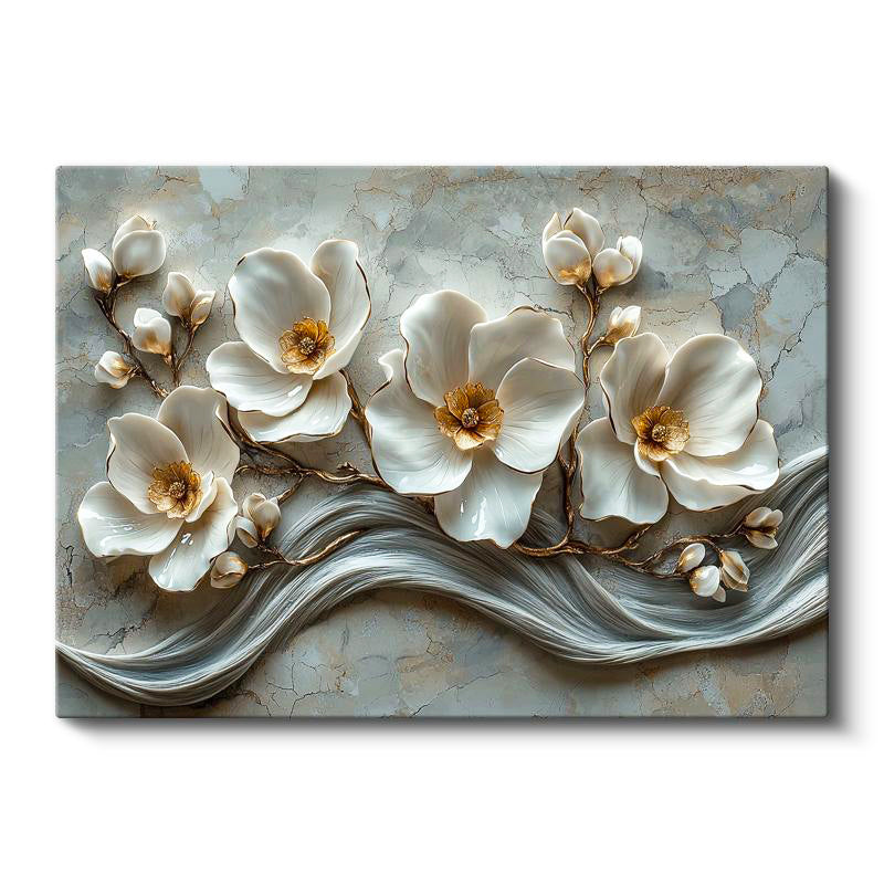 Yatay Kanvas Tablo Mermer Dokulu Beyaz Manolya Çiçek Tablosu Ev Ofis Duvar Dekoru