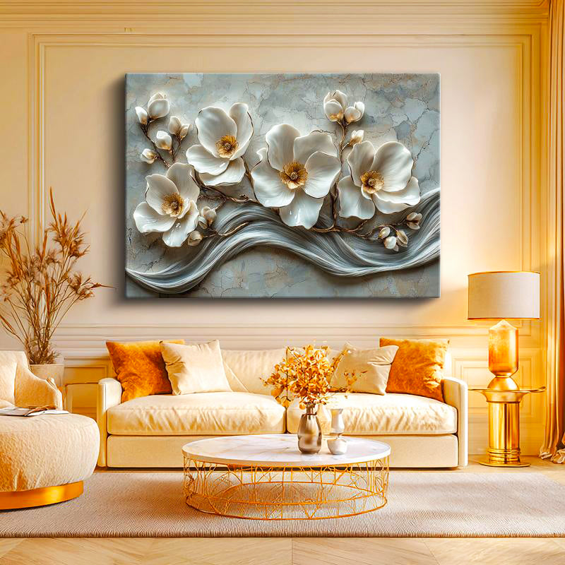 Yatay Kanvas Tablo Mermer Dokulu Beyaz Manolya Çiçek Tablosu Ev Ofis Duvar Dekoru