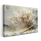 Yatay Kanvas Tablo Dağ Manzaralı Altın Gövdeli Ağaç Çiçek Tablosu Ev Ofis Duvar Dekoru