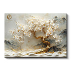 Yatay Kanvas Tablo Dağ Manzaralı Altın Gövdeli Ağaç Çiçek Tablosu Ev Ofis Duvar Dekoru