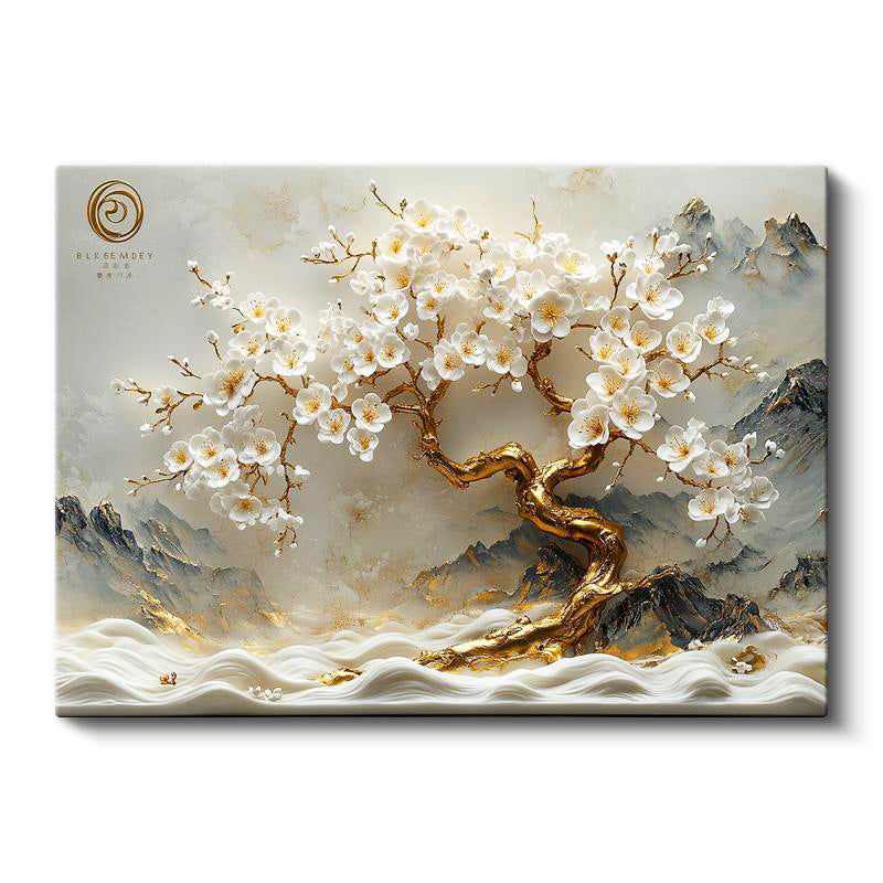 Yatay Kanvas Tablo Dağ Manzaralı Altın Gövdeli Ağaç Çiçek Tablosu Ev Ofis Duvar Dekoru