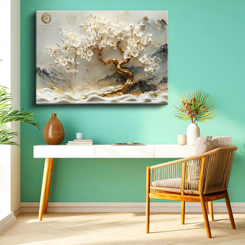 Yatay Kanvas Tablo Dağ Manzaralı Altın Gövdeli Ağaç Çiçek Tablosu Ev Ofis Duvar Dekoru
