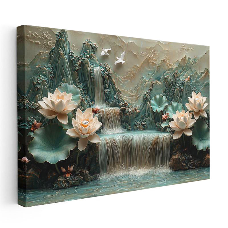Yatay Kanvas Tablo Kabartma Görünümlü Şelale ve Lotus Çiçek Tablosu Ev Ofis Duvar Dekoru