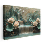 Yatay Kanvas Tablo Kabartma Görünümlü Şelale ve Lotus Çiçek Tablosu Ev Ofis Duvar Dekoru