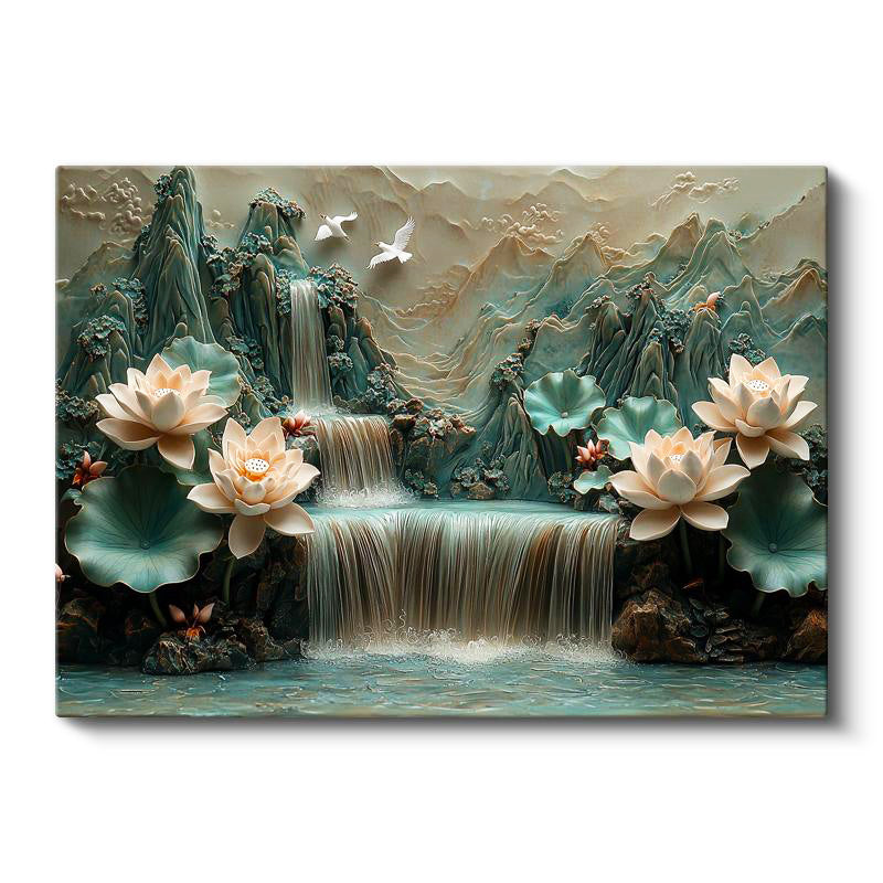 Yatay Kanvas Tablo Kabartma Görünümlü Şelale ve Lotus Çiçek Tablosu Ev Ofis Duvar Dekoru