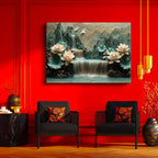 Yatay Kanvas Tablo Kabartma Görünümlü Şelale ve Lotus Çiçek Tablosu Ev Ofis Duvar Dekoru