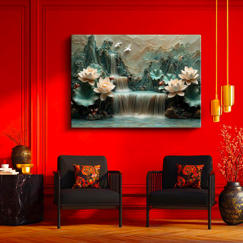 Yatay Kanvas Tablo Kabartma Görünümlü Şelale ve Lotus Çiçek Tablosu Ev Ofis Duvar Dekoru