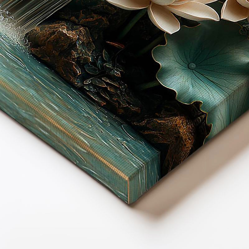 Yatay Kanvas Tablo Kabartma Görünümlü Şelale ve Lotus Çiçek Tablosu Ev Ofis Duvar Dekoru