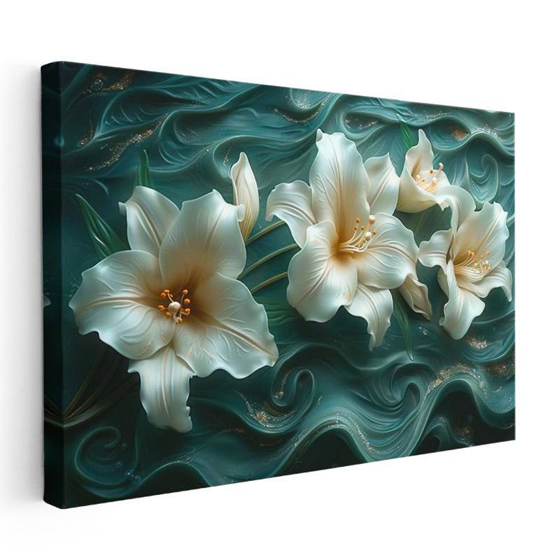 Yatay Kanvas Tablo Yeşil Kıvrımlı Zemin Zambak Çiçek Tablosu Ev Ofis Duvar Dekoru