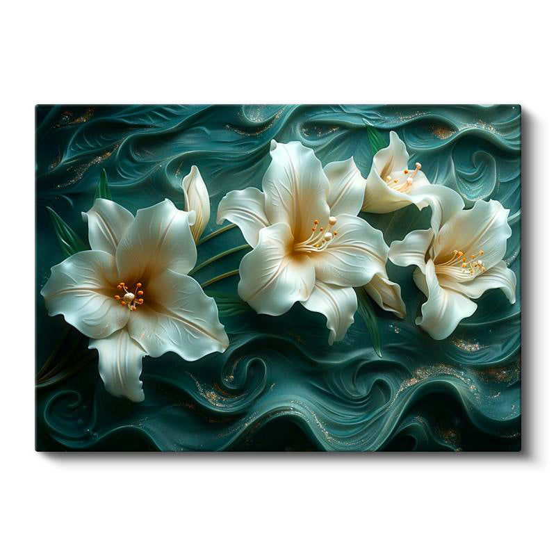 Yatay Kanvas Tablo Yeşil Kıvrımlı Zemin Zambak Çiçek Tablosu Ev Ofis Duvar Dekoru