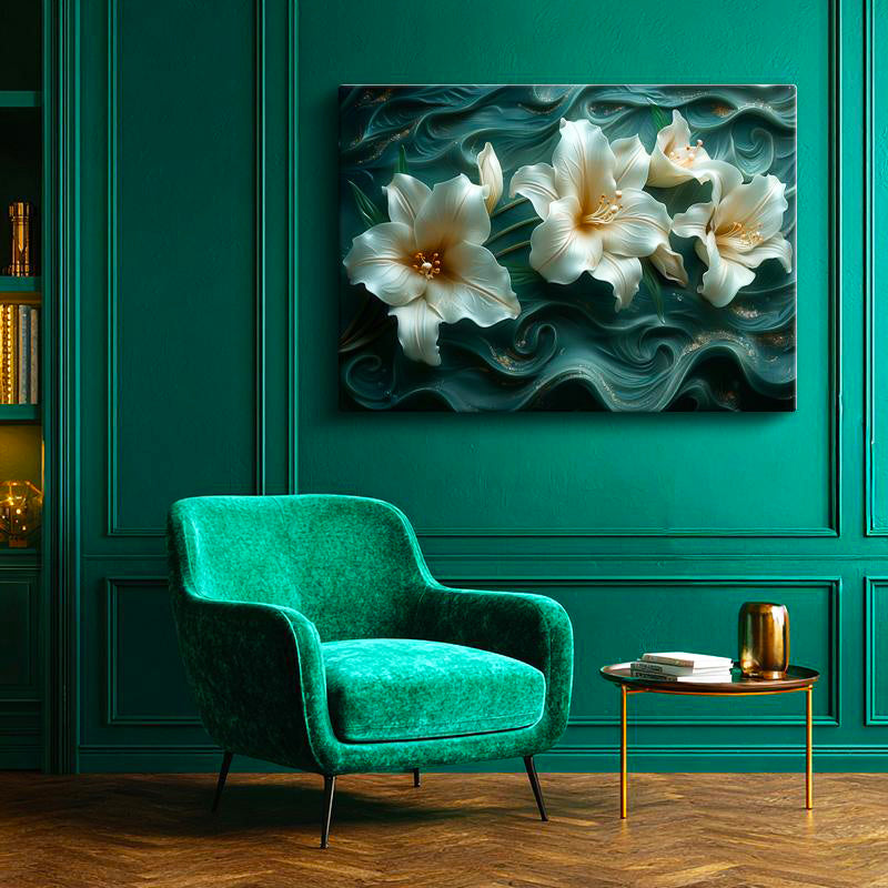 Yatay Kanvas Tablo Yeşil Kıvrımlı Zemin Zambak Çiçek Tablosu Ev Ofis Duvar Dekoru