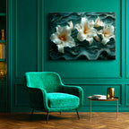 Yatay Kanvas Tablo Yeşil Kıvrımlı Zemin Zambak Çiçek Tablosu Ev Ofis Duvar Dekoru