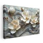 Yatay Kanvas Tablo Mermer Görünümlü Manolya Dalı Çiçek Tablosu Ev Ofis Duvar Dekoru
