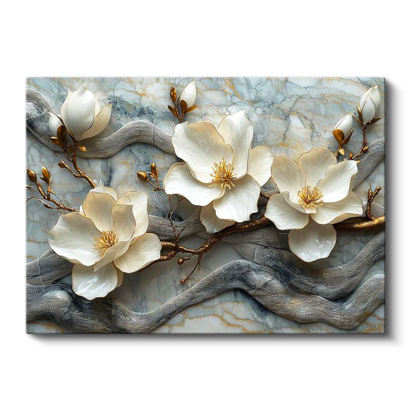 Yatay Kanvas Tablo Mermer Görünümlü Manolya Dalı Çiçek Tablosu Ev Ofis Duvar Dekoru