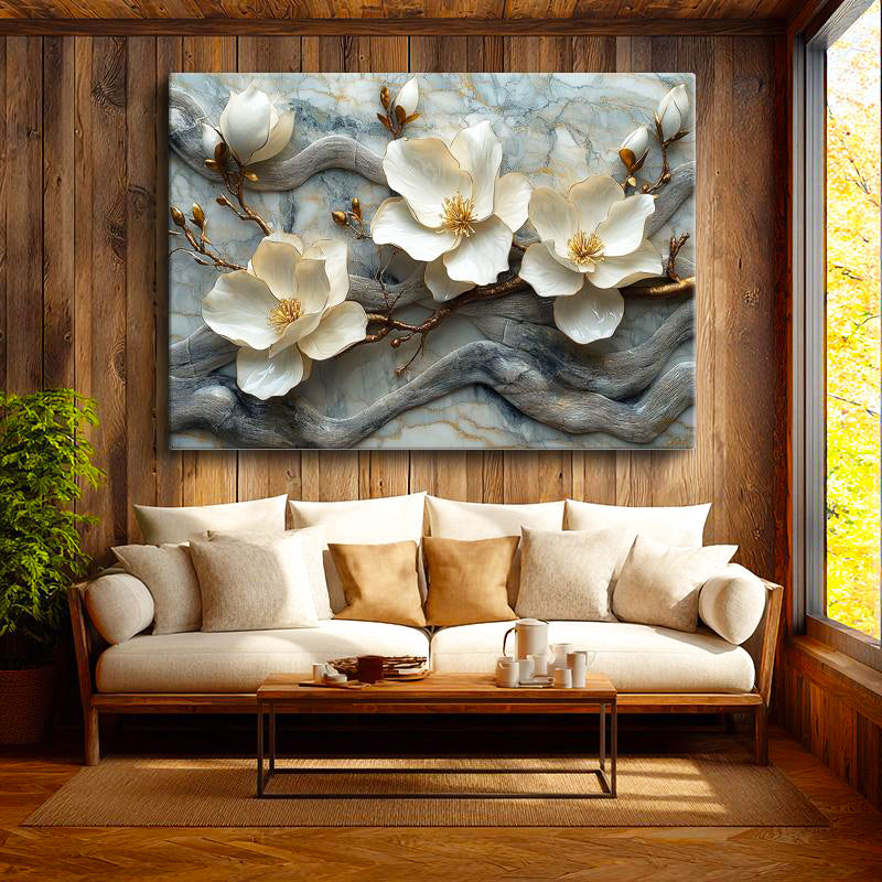 Yatay Kanvas Tablo Mermer Görünümlü Manolya Dalı Çiçek Tablosu Ev Ofis Duvar Dekoru