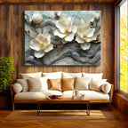 Yatay Kanvas Tablo Mermer Görünümlü Manolya Dalı Çiçek Tablosu Ev Ofis Duvar Dekoru