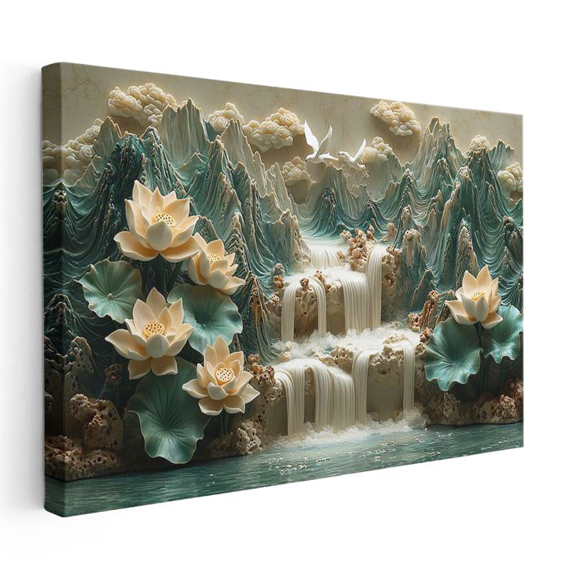 Yatay Kanvas Tablo Kabartma Görünümlü Şelaleli Nilüfer Çiçek Tablosu Ev Ofis Duvar Dekoru