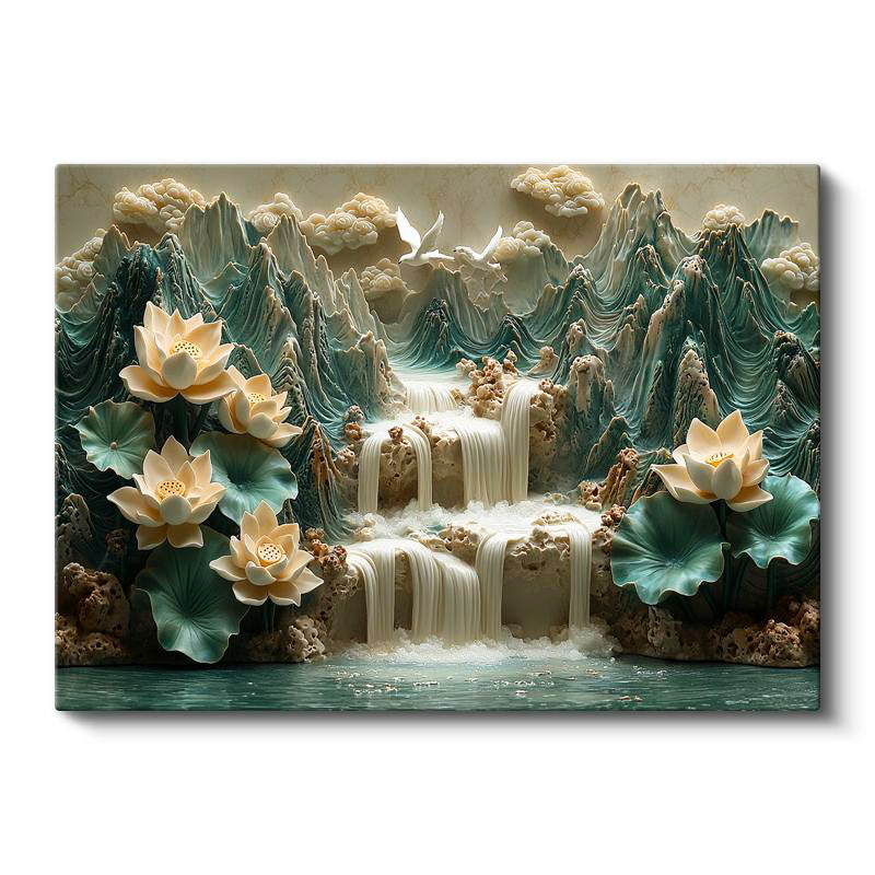 Yatay Kanvas Tablo Kabartma Görünümlü Şelaleli Nilüfer Çiçek Tablosu Ev Ofis Duvar Dekoru