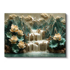 Yatay Kanvas Tablo Kabartma Görünümlü Şelaleli Nilüfer Çiçek Tablosu Ev Ofis Duvar Dekoru