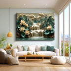 Yatay Kanvas Tablo Kabartma Görünümlü Şelaleli Nilüfer Çiçek Tablosu Ev Ofis Duvar Dekoru