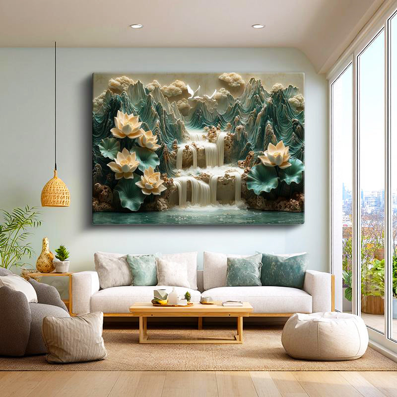 Yatay Kanvas Tablo Kabartma Görünümlü Şelaleli Nilüfer Çiçek Tablosu Ev Ofis Duvar Dekoru
