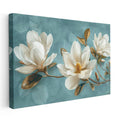Yatay Kanvas Tablo Turkuaz Eskitme Zemin Beyaz Manolya Çiçek Tablosu Ev Ofis Duvar Dekoru
