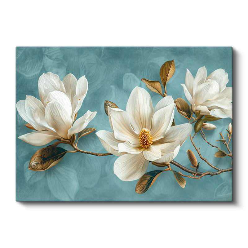 Yatay Kanvas Tablo Turkuaz Eskitme Zemin Beyaz Manolya Çiçek Tablosu Ev Ofis Duvar Dekoru