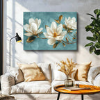 Yatay Kanvas Tablo Turkuaz Eskitme Zemin Beyaz Manolya Çiçek Tablosu Ev Ofis Duvar Dekoru