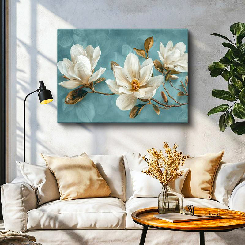 Yatay Kanvas Tablo Turkuaz Eskitme Zemin Beyaz Manolya Çiçek Tablosu Ev Ofis Duvar Dekoru