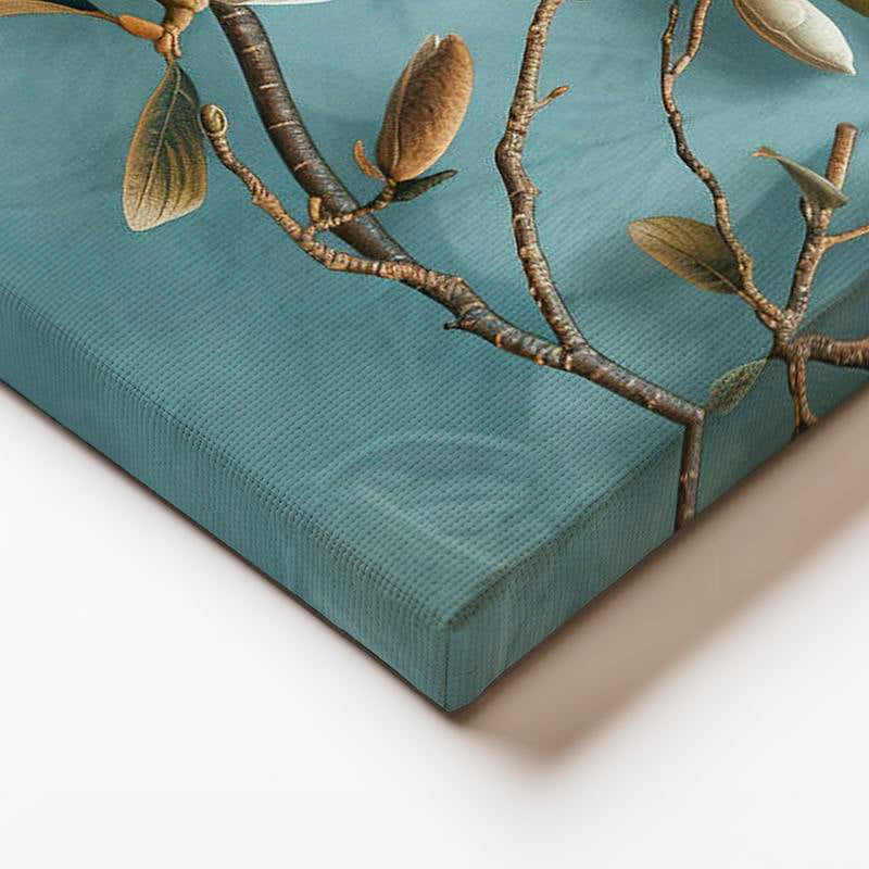 Yatay Kanvas Tablo Turkuaz Eskitme Zemin Beyaz Manolya Çiçek Tablosu Ev Ofis Duvar Dekoru